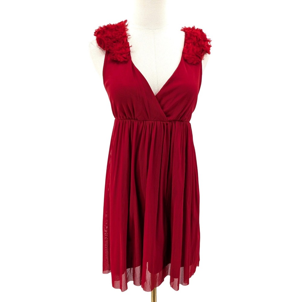 Red Faux Wrap‎ Dress Rosette Shoulder Sleeveless Fit Flare Women S